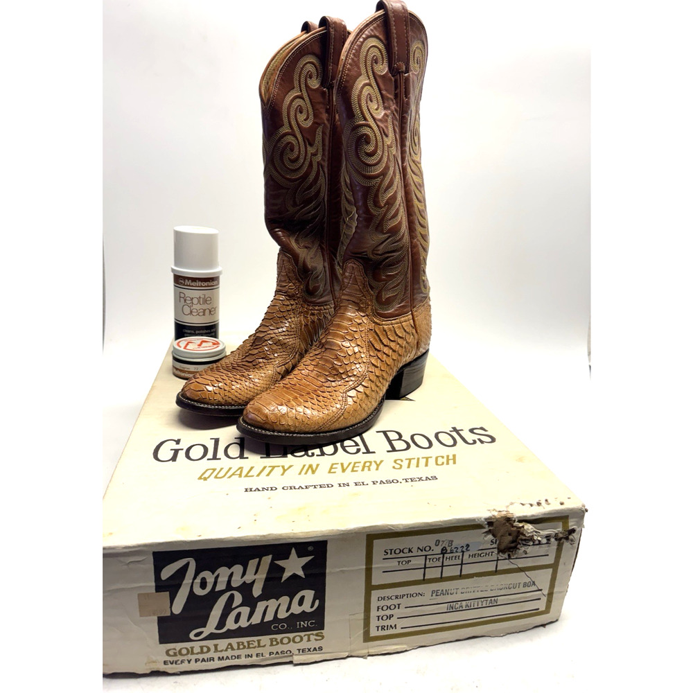 VINTAGE Tony Lama Snake Skin Boots Peanut Brittle Gold Label Cowboy B6222 5.5 B